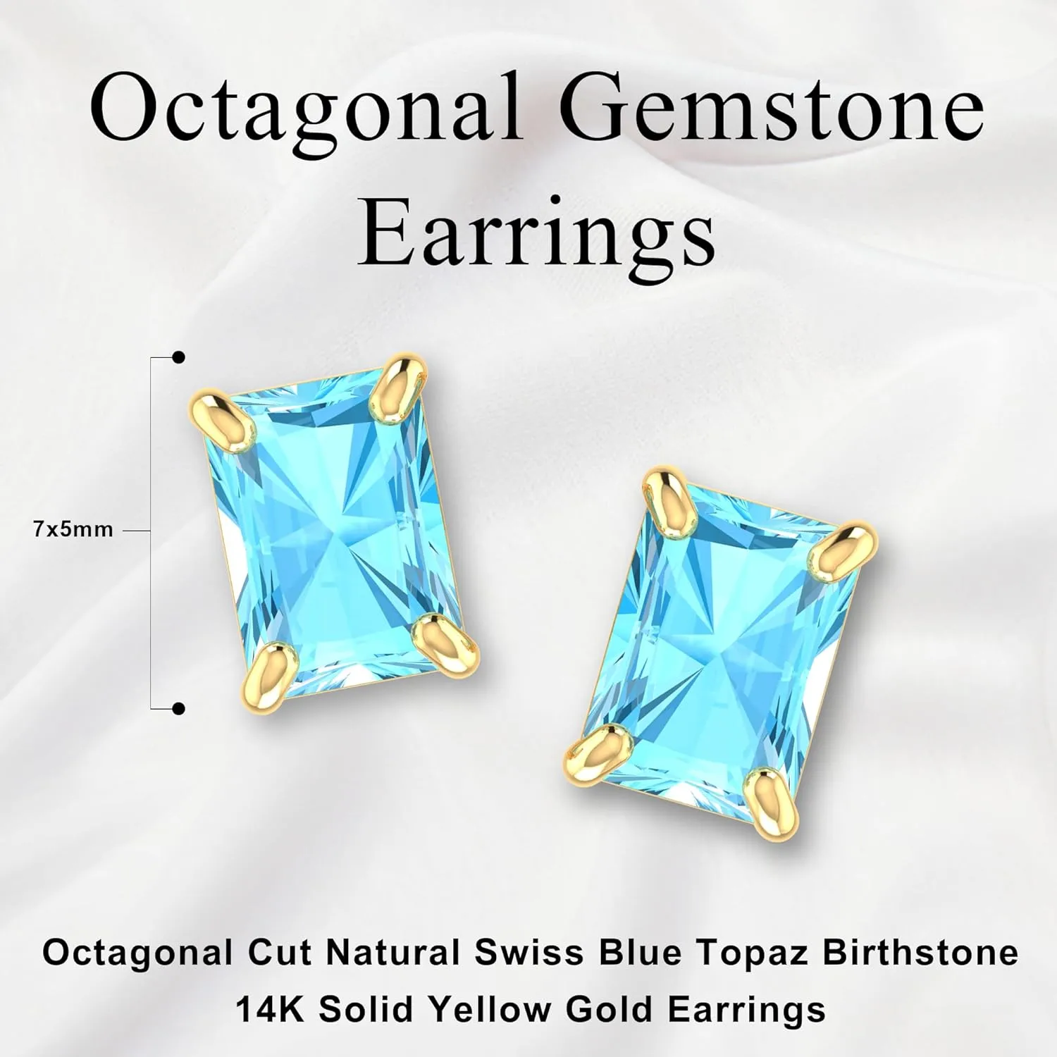 14k Yellow Gold White Gold 7x5mm Octagonal Cut Sparkle Birth Gemstone Earrings Jewelry Fine Stud Bling Zodiac Prong Setting Push back stud earring Accessories Gifts for Women