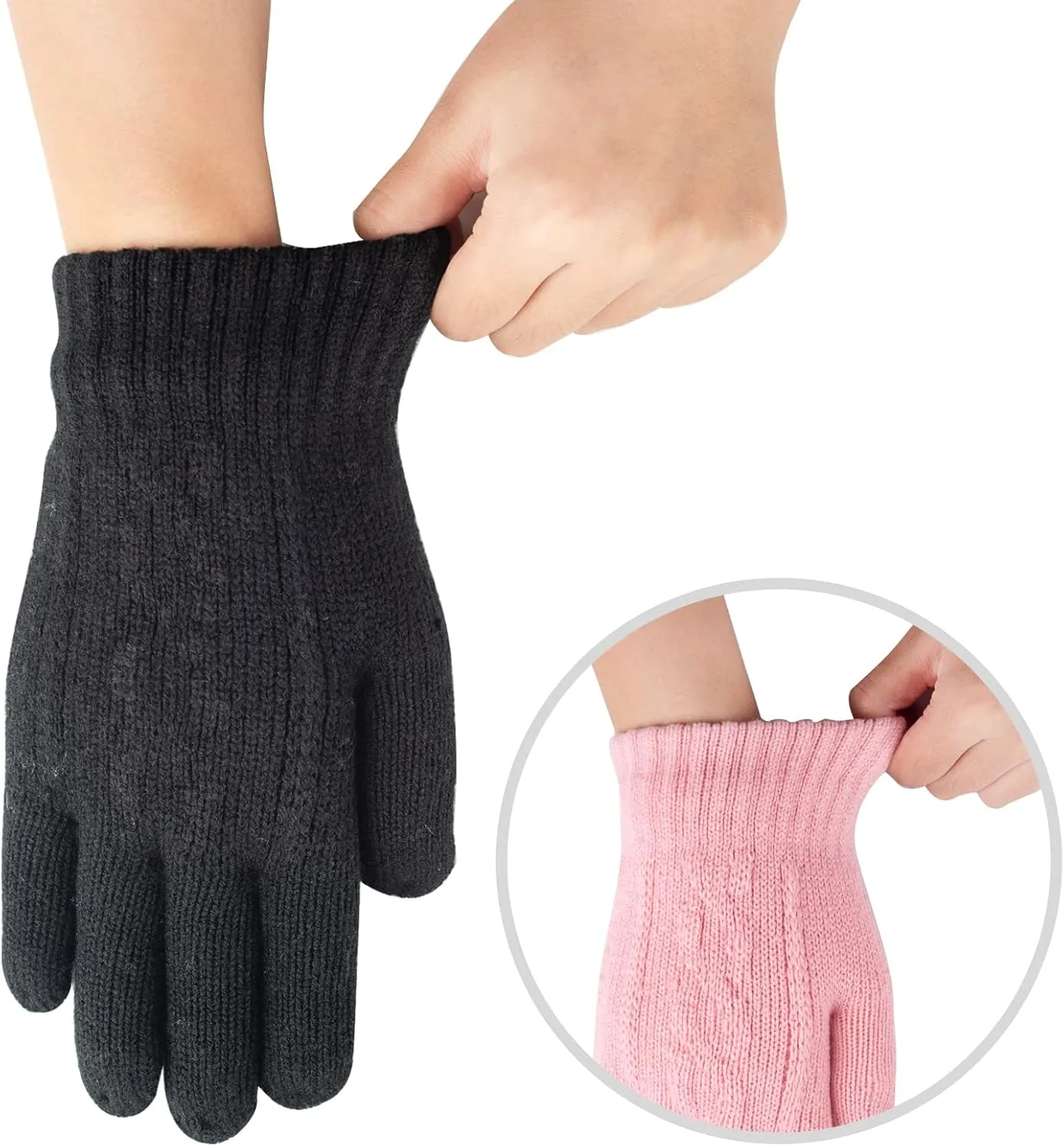 2 Pairs Kids Winter Knit Gloves Boys Girls Warm Thermal Cable Knitted Gloves 2-6-10-14 Year Wool Fleece Lined Mittens
