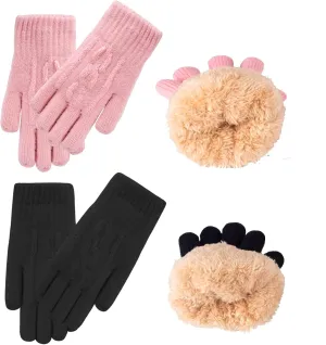 2 Pairs Kids Winter Knit Gloves Boys Girls Warm Thermal Cable Knitted Gloves 2-6-10-14 Year Wool Fleece Lined Mittens