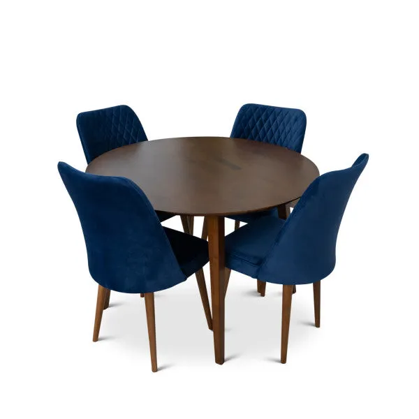 5-Piece Mid-Century Round Dining Set w/ 4 Velvet Dining Chairs in Navy Blue