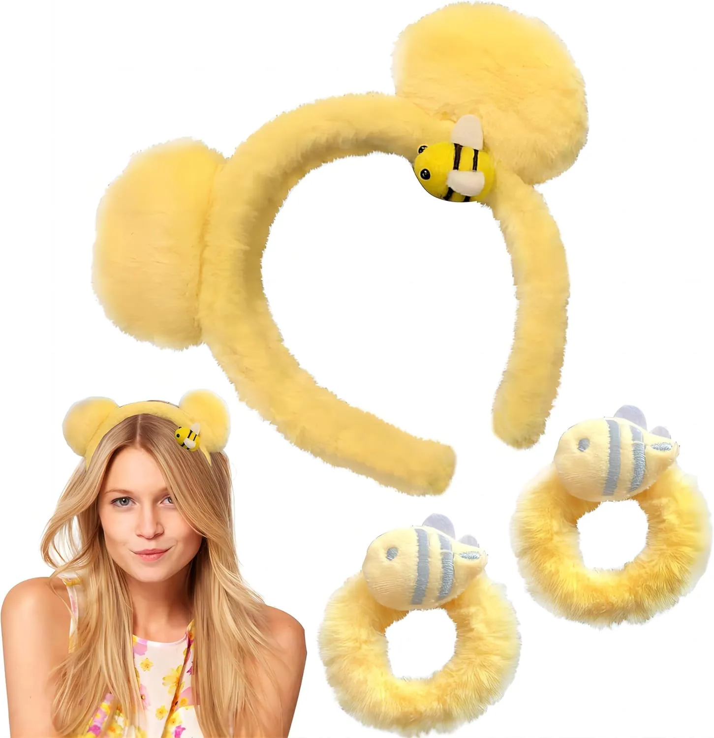 AEGYPIUS Yellow Bear Ears Headband, 3 Pcs Bear Ear Headband and Yellow Scrunchie Yellow Hair Ties, Bear Headband Ears Bear Ears Headband Adult Yellow Care Bear Ears Headband Yellow Ears Headband
