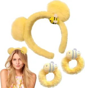 AEGYPIUS Yellow Bear Ears Headband, 3 Pcs Bear Ear Headband and Yellow Scrunchie Yellow Hair Ties, Bear Headband Ears Bear Ears Headband Adult Yellow Care Bear Ears Headband Yellow Ears Headband