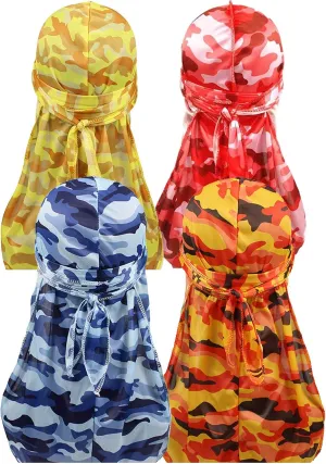 ALIDIA 4 Pieces Extra Long Tail Wide Straps Silky Camouflage Durag for Men 360 Waves