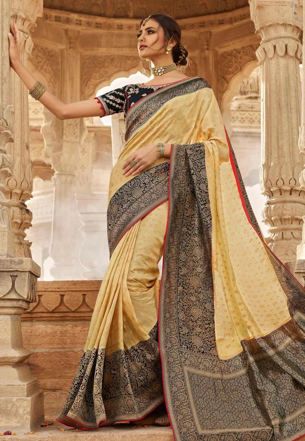 Beige And Black Embroidered Wedding Saree