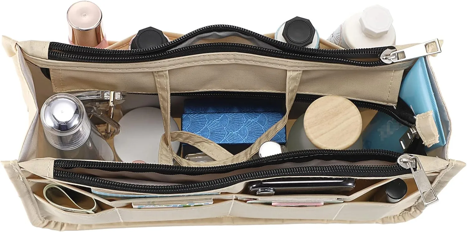 BTSKY Printing Handbag Organizers Inside Purse Insert - High Capacity 13 Pockets Bag Tote Organizer with Handle Beige