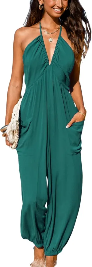 CUPSHE Women's Plunge Halter Sleeveless Pleated Long Romper Knit Jogger Maxi Jumpsuit with Pockets