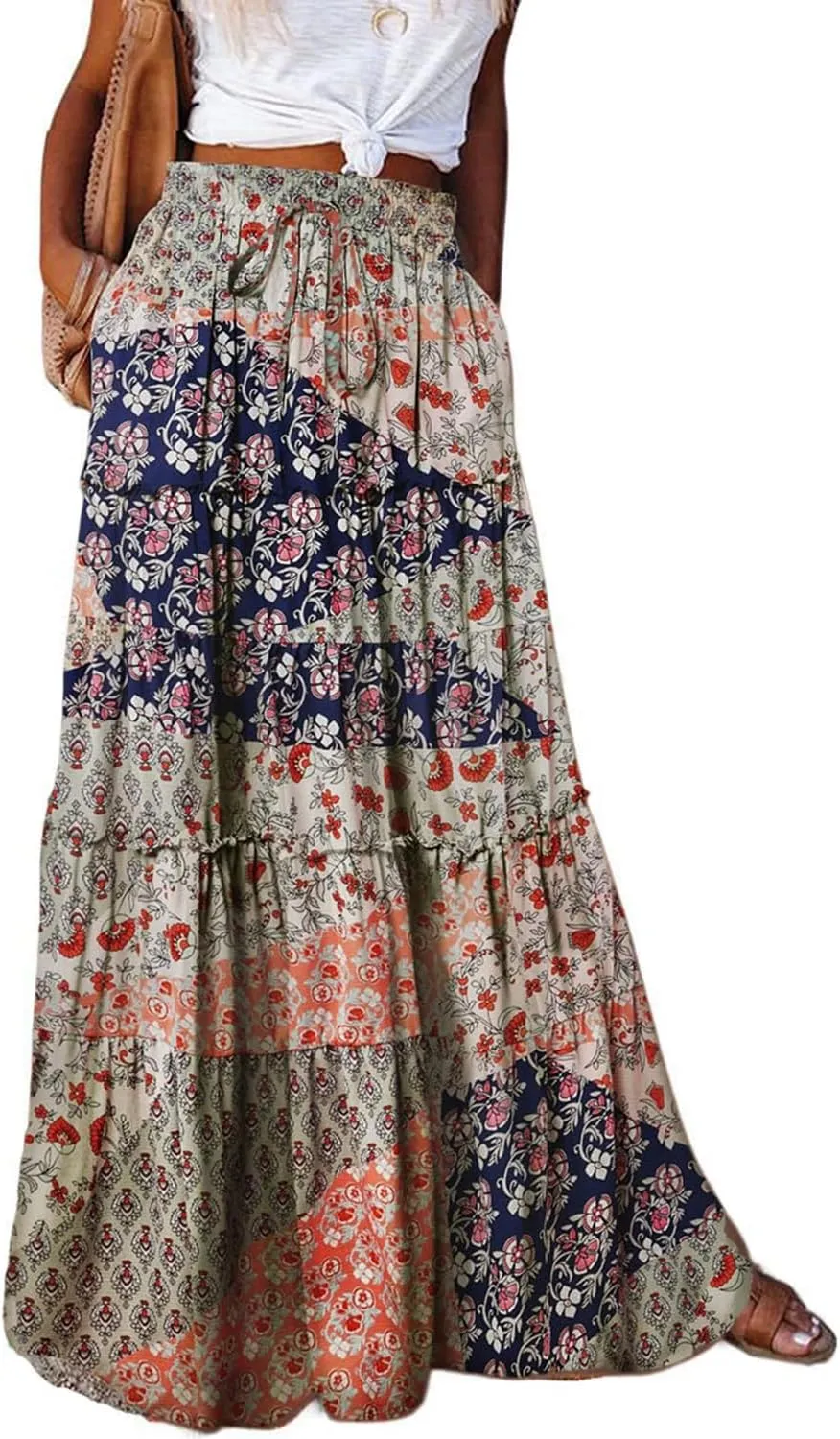 EARKOHA Womens Casual High Waist Tie Paisley Print Long Maxi Skirt with Pockets