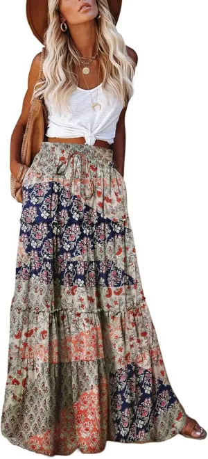 EARKOHA Womens Casual High Waist Tie Paisley Print Long Maxi Skirt with Pockets