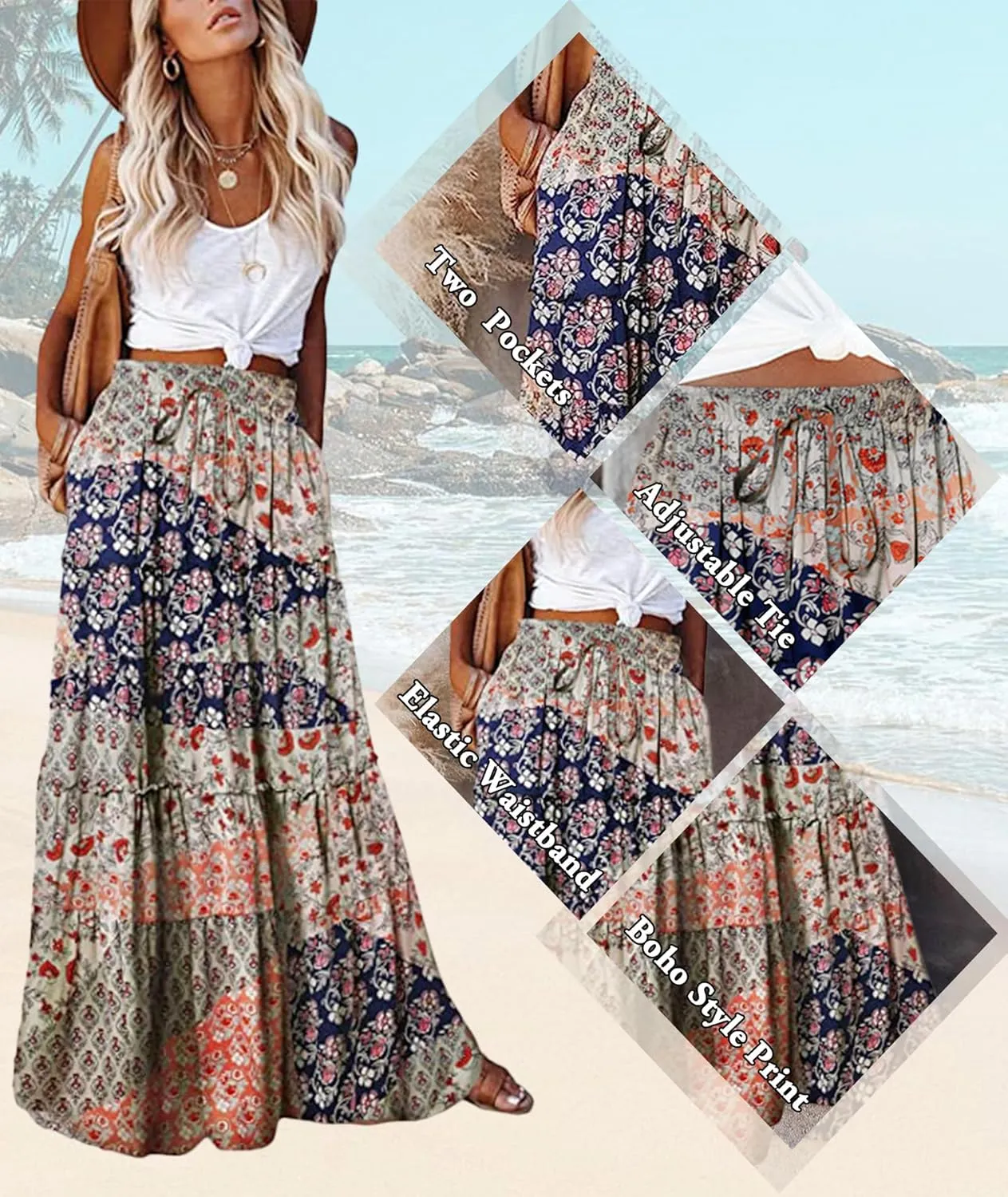 EARKOHA Womens Casual High Waist Tie Paisley Print Long Maxi Skirt with Pockets