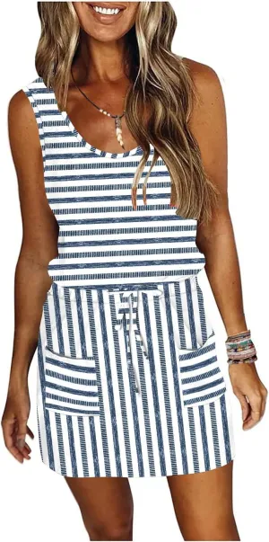 ETCYY NEW Womens Summer Striped Dresses Casual Sleeveless T Shirt Dress Drawstring Waist Sundress with Pockets