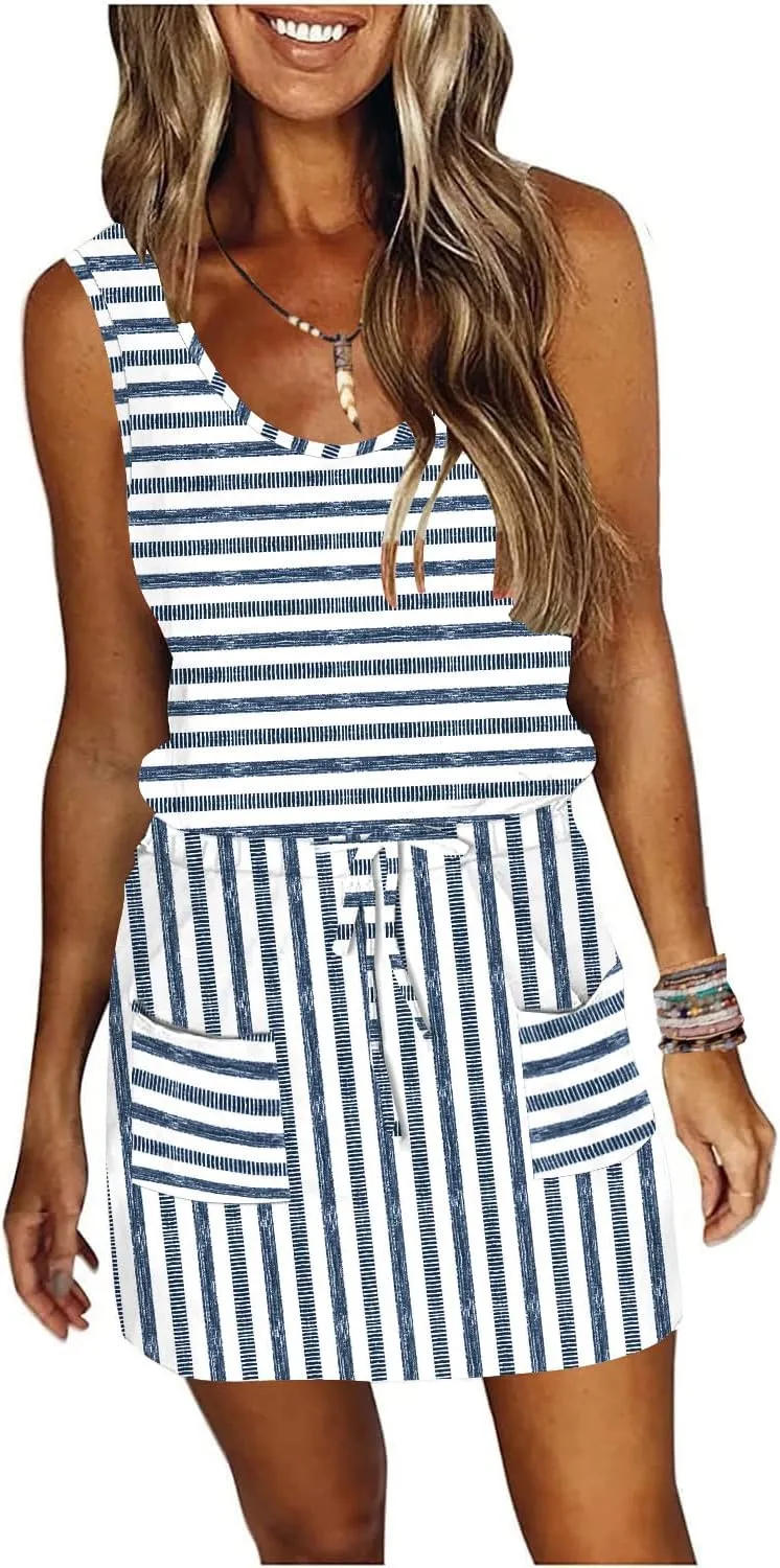 ETCYY NEW Womens Summer Striped Dresses Casual Sleeveless T Shirt Dress Drawstring Waist Sundress with Pockets