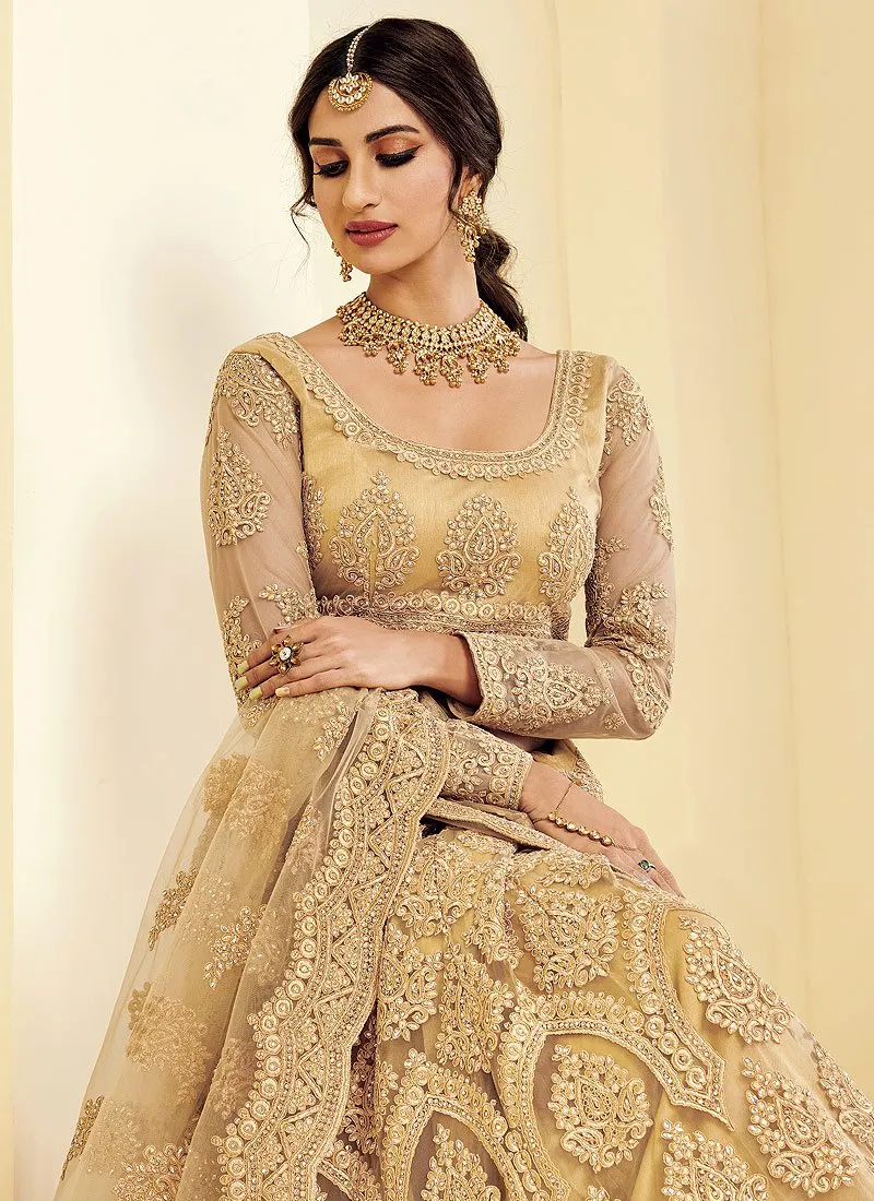 Golden Beige Pearl Embroidered Wedding Lehenga Choli