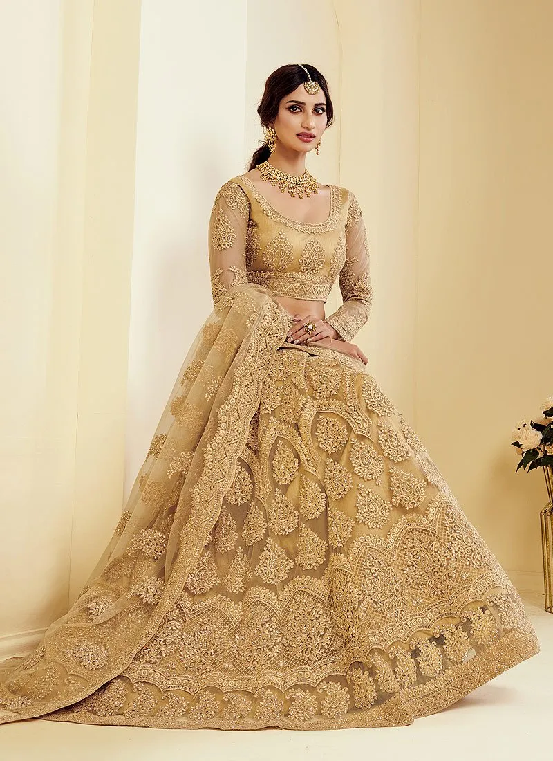 Golden Beige Pearl Embroidered Wedding Lehenga Choli