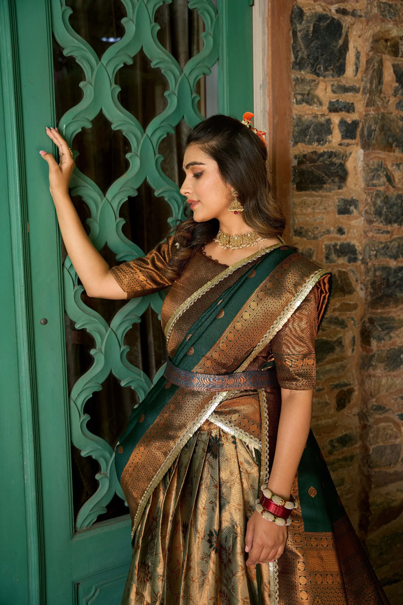 Green Jacquard Silk Lehenga Choli Set with Zari Work
