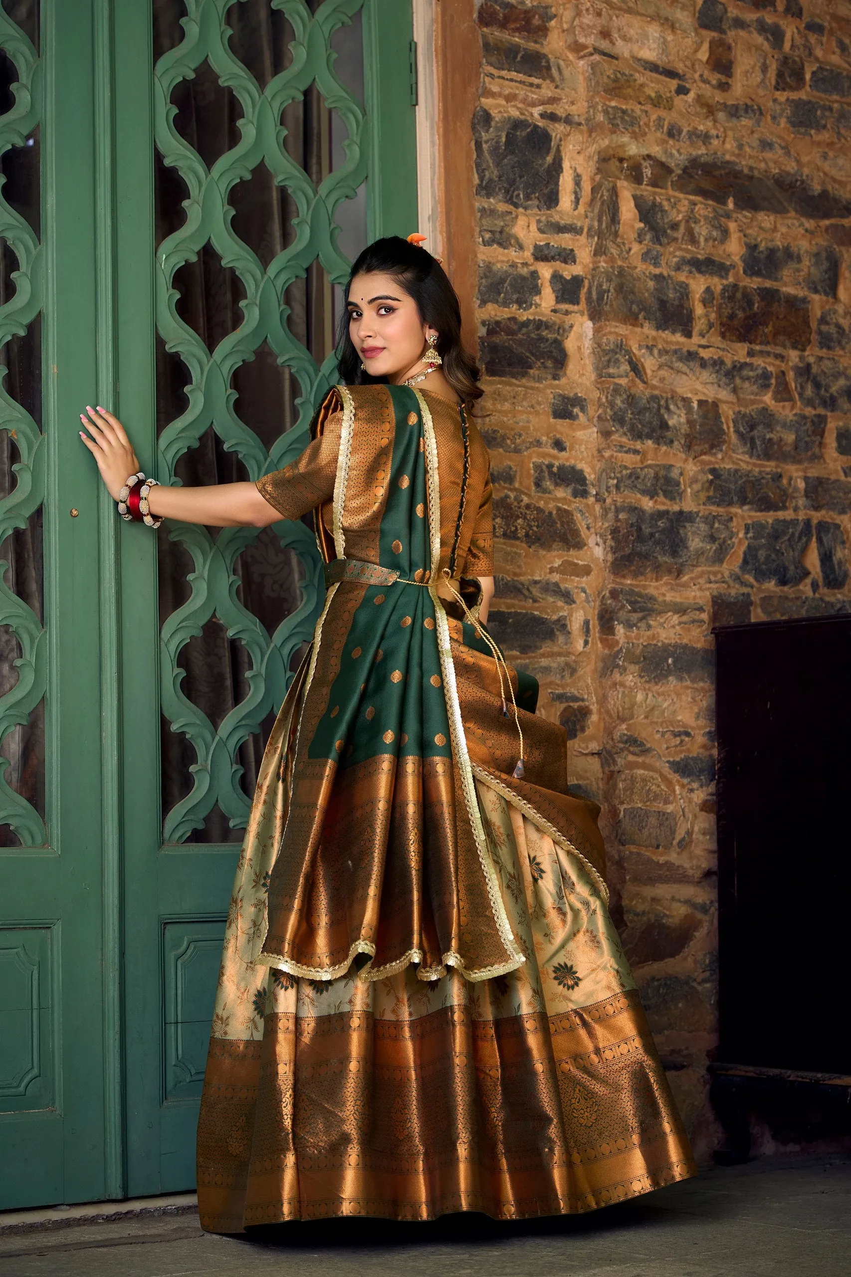 Green Jacquard Silk Lehenga Choli Set with Zari Work