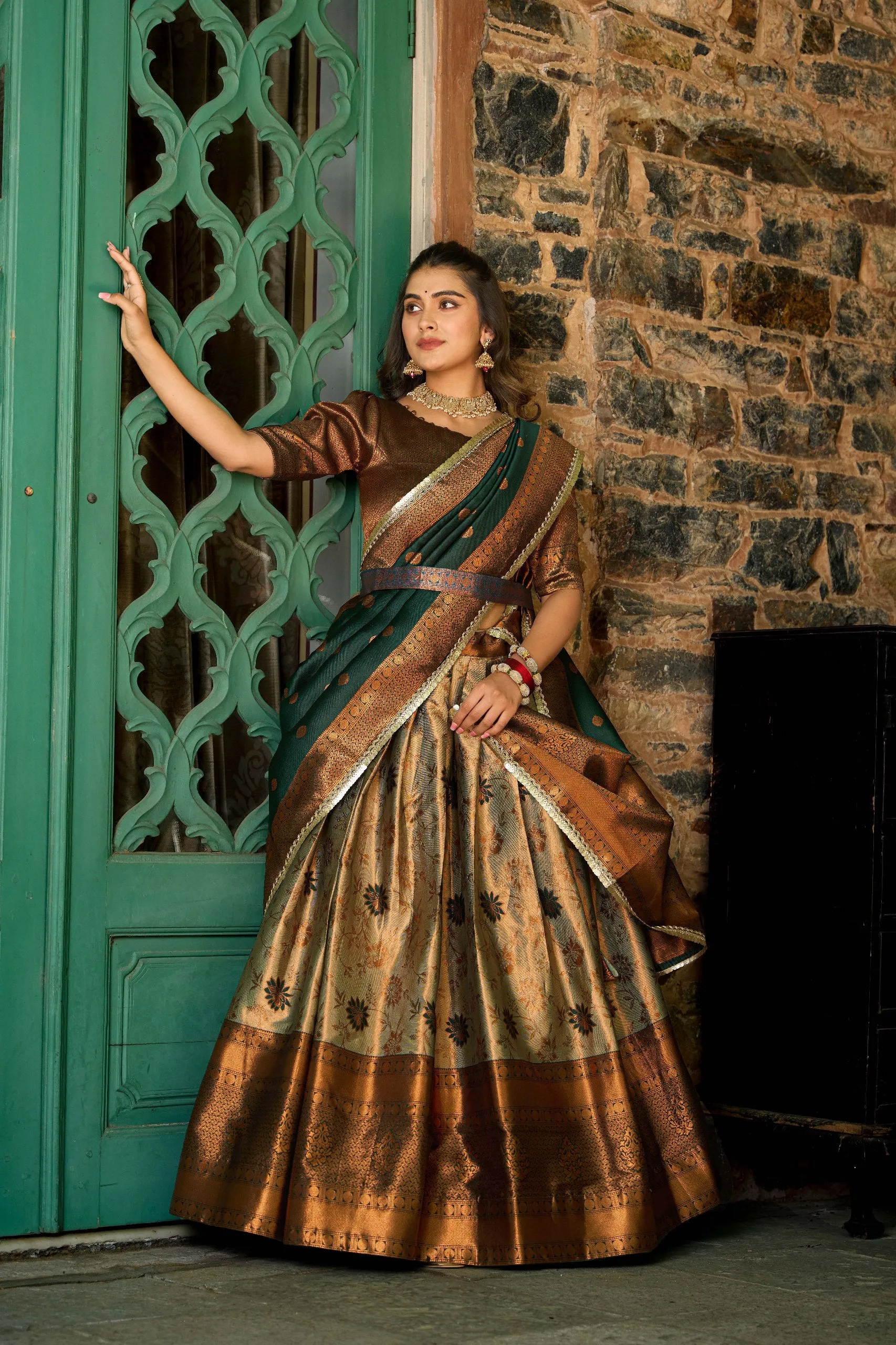 Green Jacquard Silk Lehenga Choli Set with Zari Work