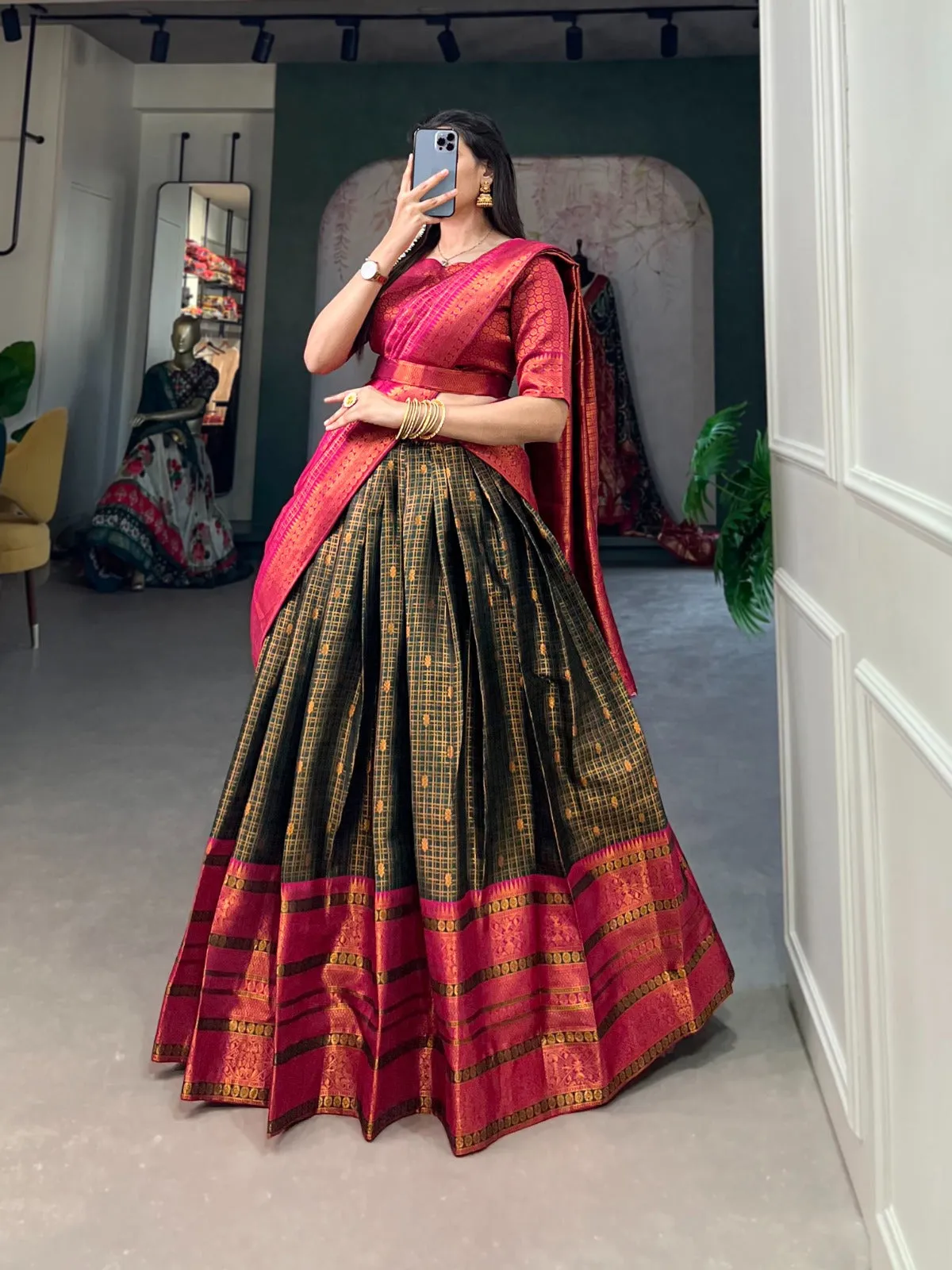Green Jacquard Silk Lehenga Choli with Zari Weaving Work