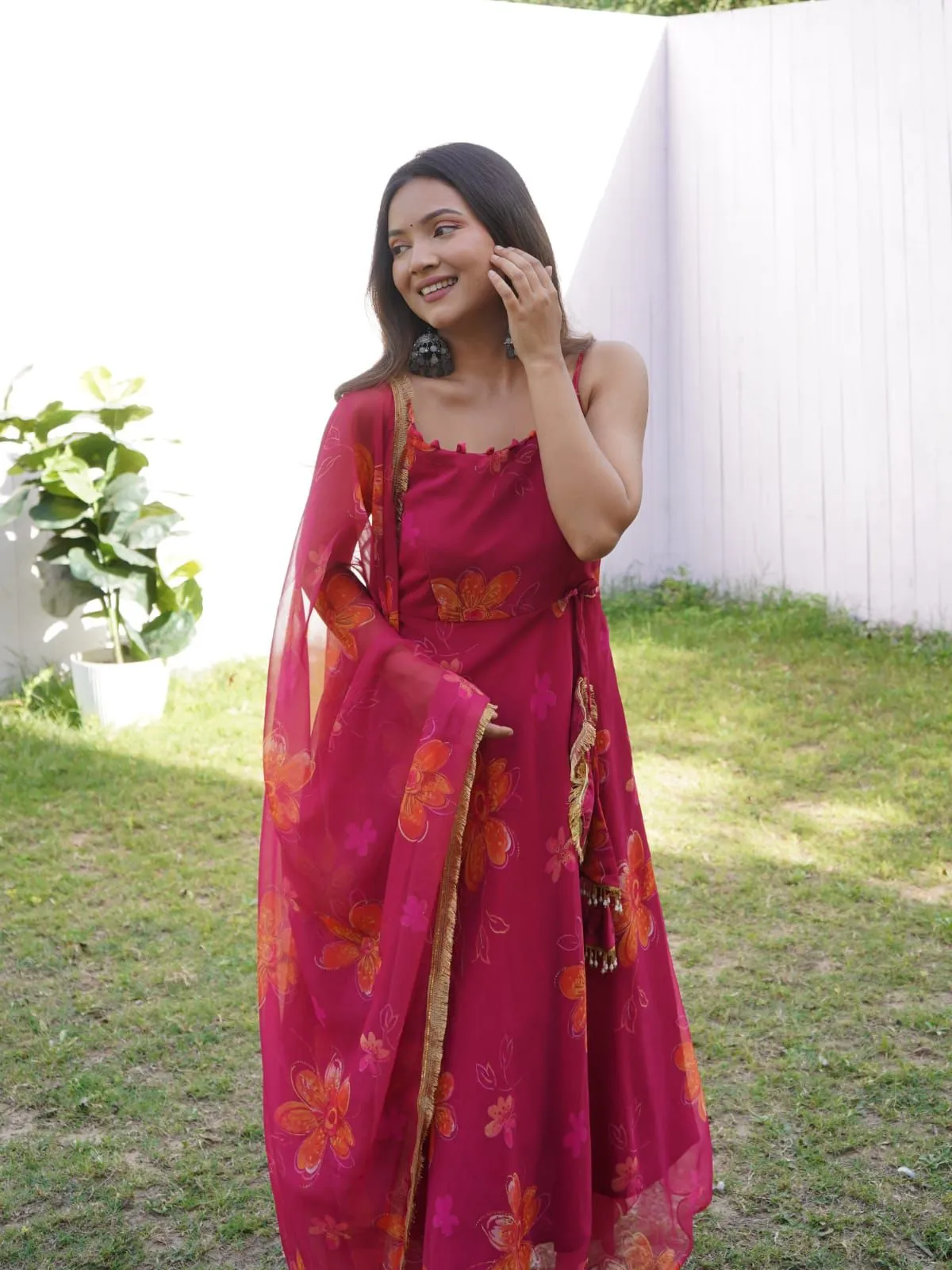 Innovative Digital Printed Work Wine Color Gown