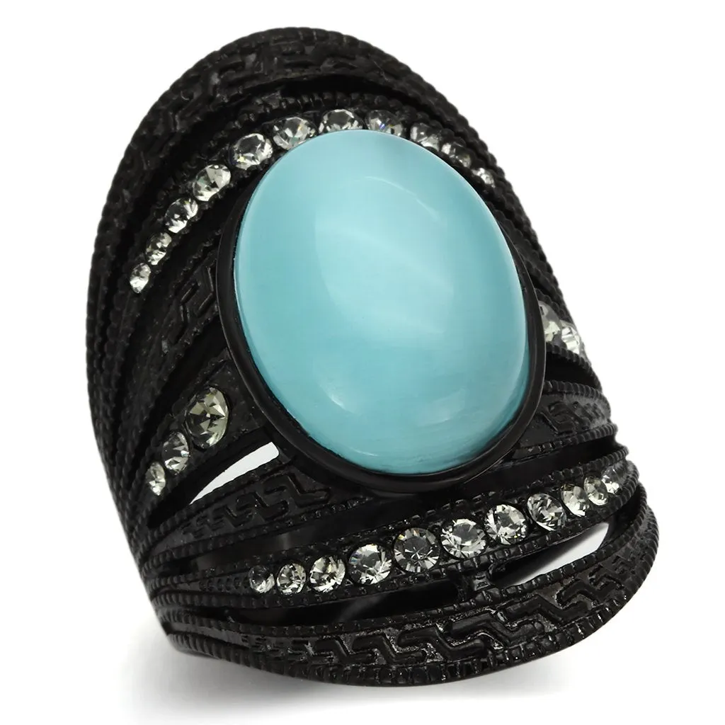 IP Black(Ion Plating) Stainless Steel Ring with Synthetic Cat Eye in Sea Blue for Women Style TK1006