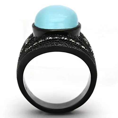 IP Black(Ion Plating) Stainless Steel Ring with Synthetic Cat Eye in Sea Blue for Women Style TK1006