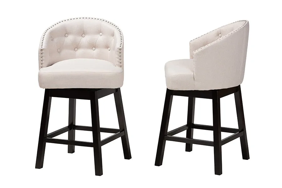 Juliet 2pcs Light Beige Fabric Espresso Brown Finished Wood Swivel Counter Stool