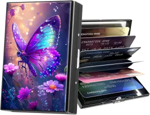 Metal Wallet,Credit Card Holder for Women Men,RFID Blocking Card Holder Wallet Mini Slim Aluminum Wallet ID Case Hard Card Case Business Card Holder Case,Glitter Butterfly Purple