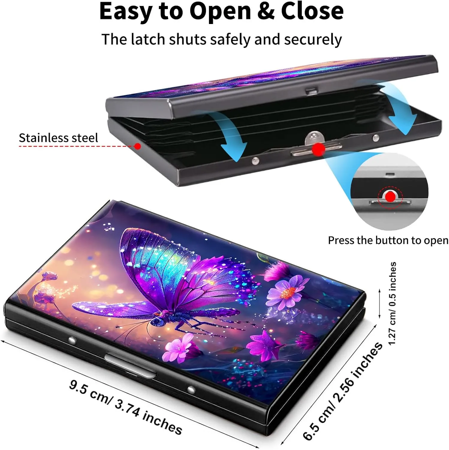 Metal Wallet,Credit Card Holder for Women Men,RFID Blocking Card Holder Wallet Mini Slim Aluminum Wallet ID Case Hard Card Case Business Card Holder Case,Glitter Butterfly Purple