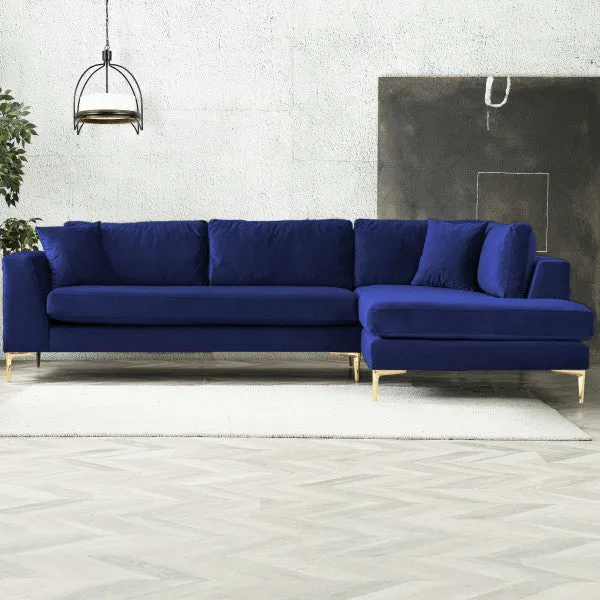 Mid-Century L-Shaped Pillow Back Velvet Right-Facing Upholstered Sectional in Dark Blue