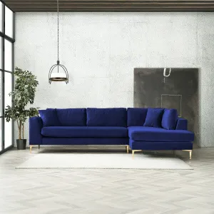 Mid-Century L-Shaped Pillow Back Velvet Right-Facing Upholstered Sectional in Dark Blue