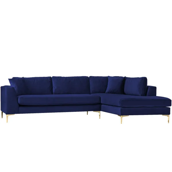 Mid-Century L-Shaped Pillow Back Velvet Right-Facing Upholstered Sectional in Dark Blue