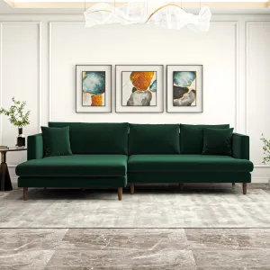 Mid-Century Modern Green Velvet Sectional Sofa - Left Facing Chaise