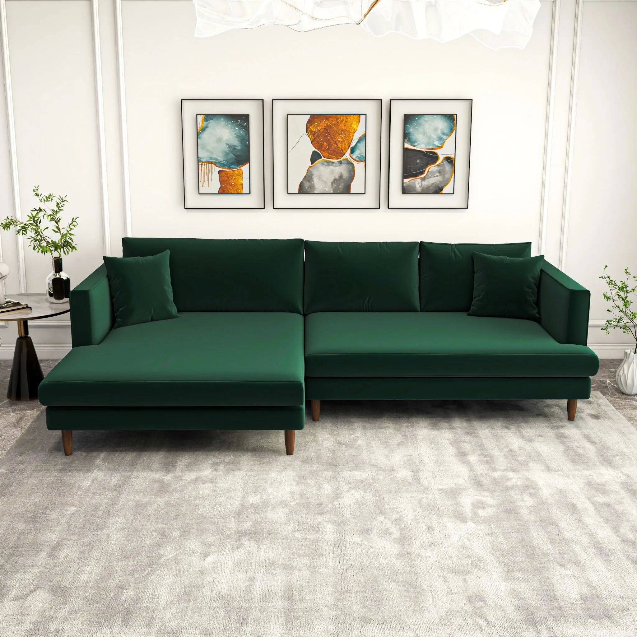 Mid-Century Modern Green Velvet Sectional Sofa - Left Facing Chaise