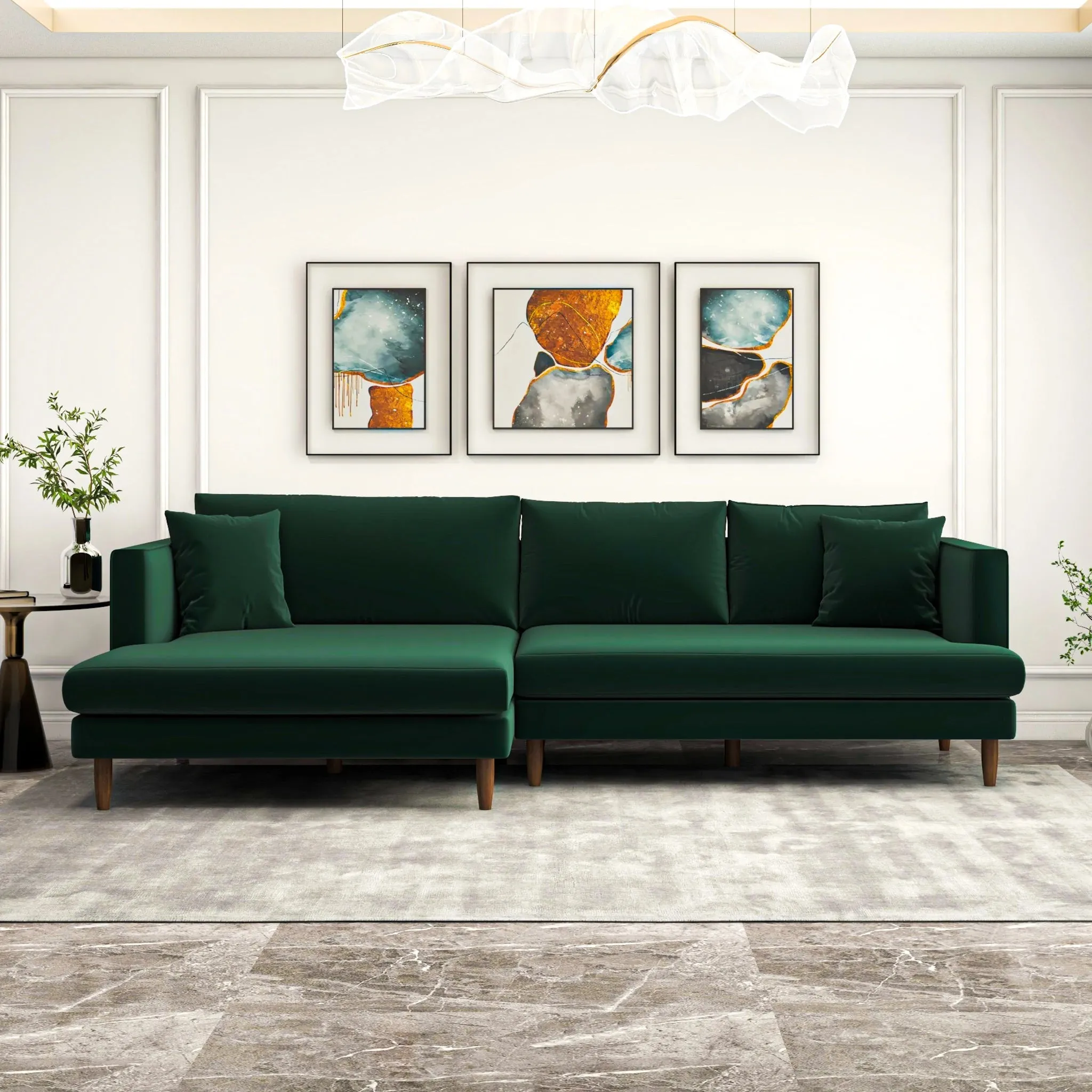 Mid-Century Modern Green Velvet Sectional Sofa - Left Facing Chaise