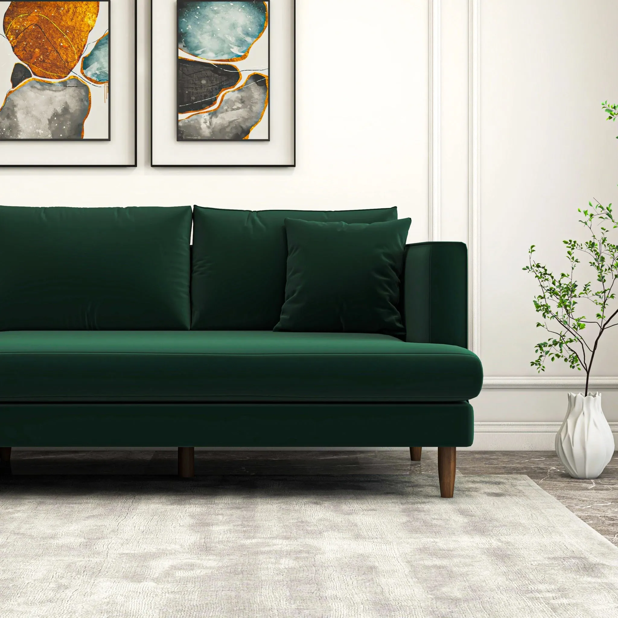 Mid-Century Modern Green Velvet Sectional Sofa - Left Facing Chaise