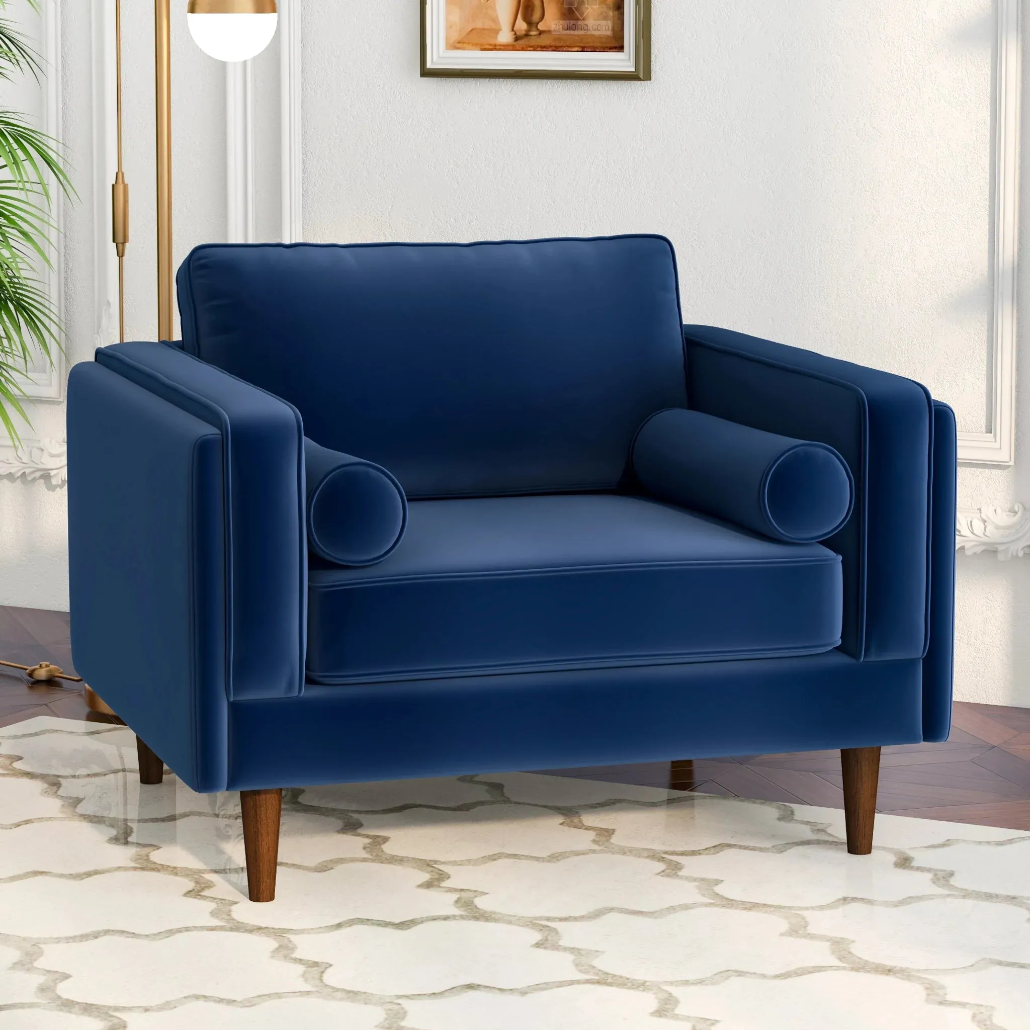 Mid-Century Modern Pillow Back Velvet Upholstered Armchair in Navy