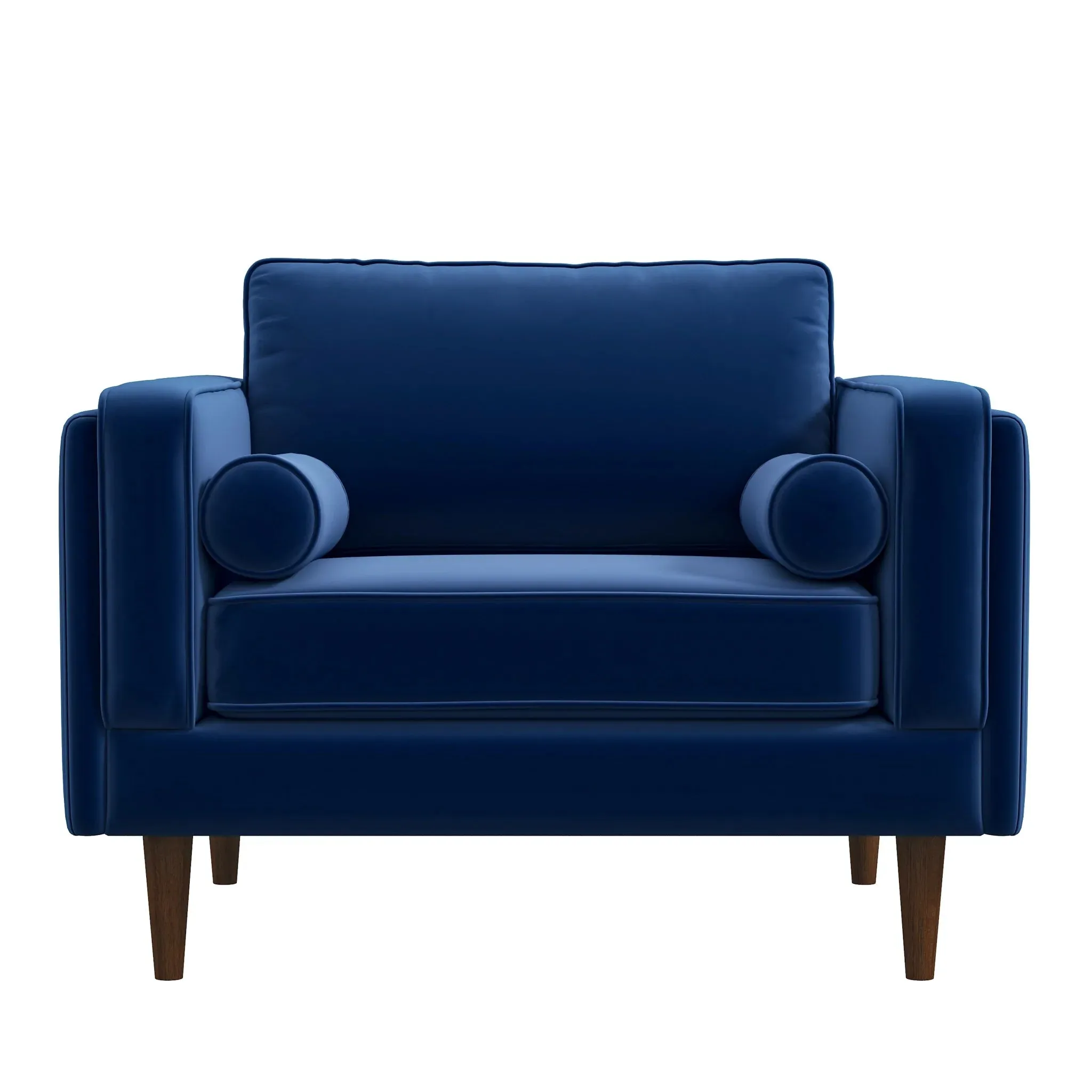 Mid-Century Modern Pillow Back Velvet Upholstered Armchair in Navy