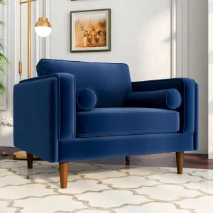Mid-Century Modern Pillow Back Velvet Upholstered Armchair in Navy