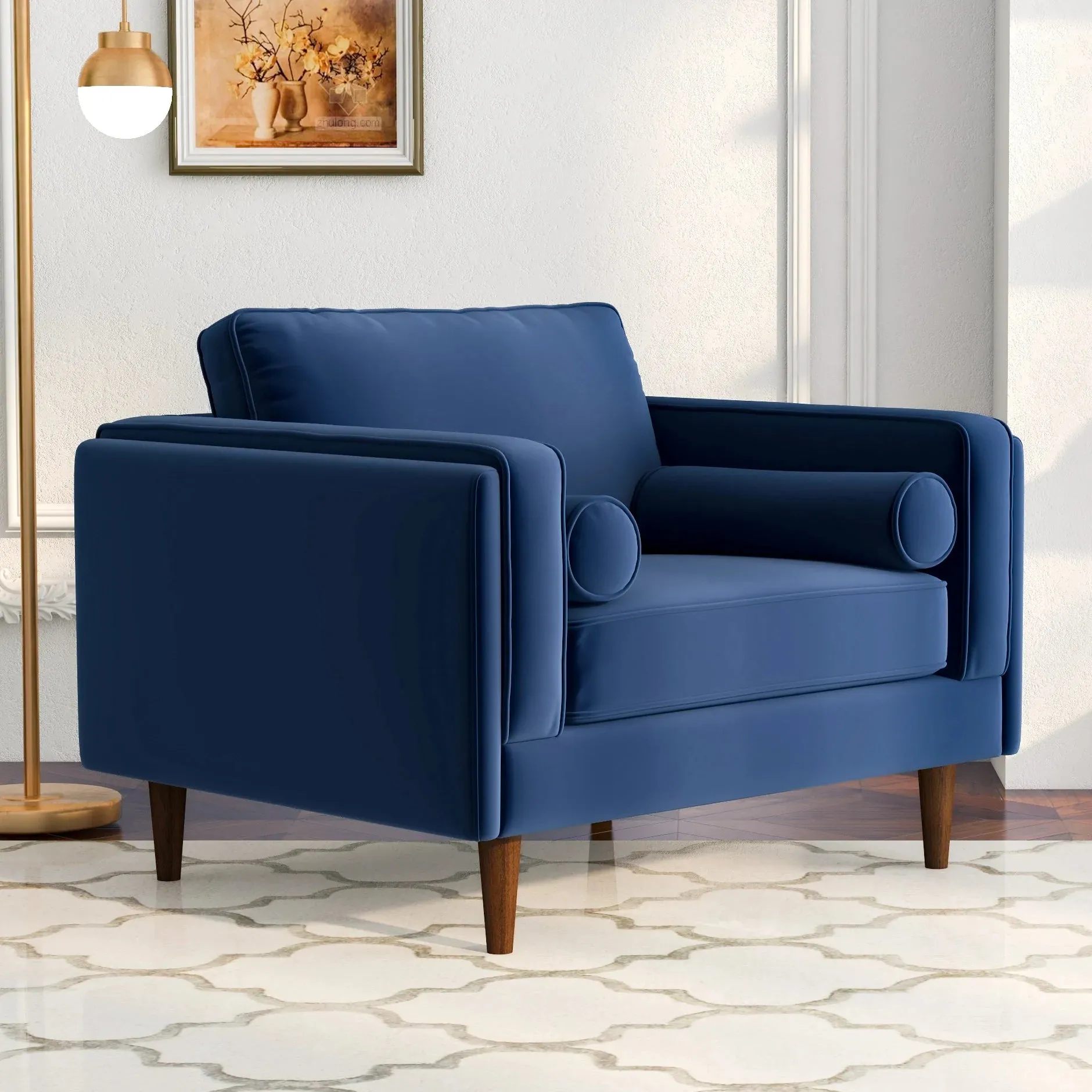 Mid-Century Modern Pillow Back Velvet Upholstered Armchair in Navy