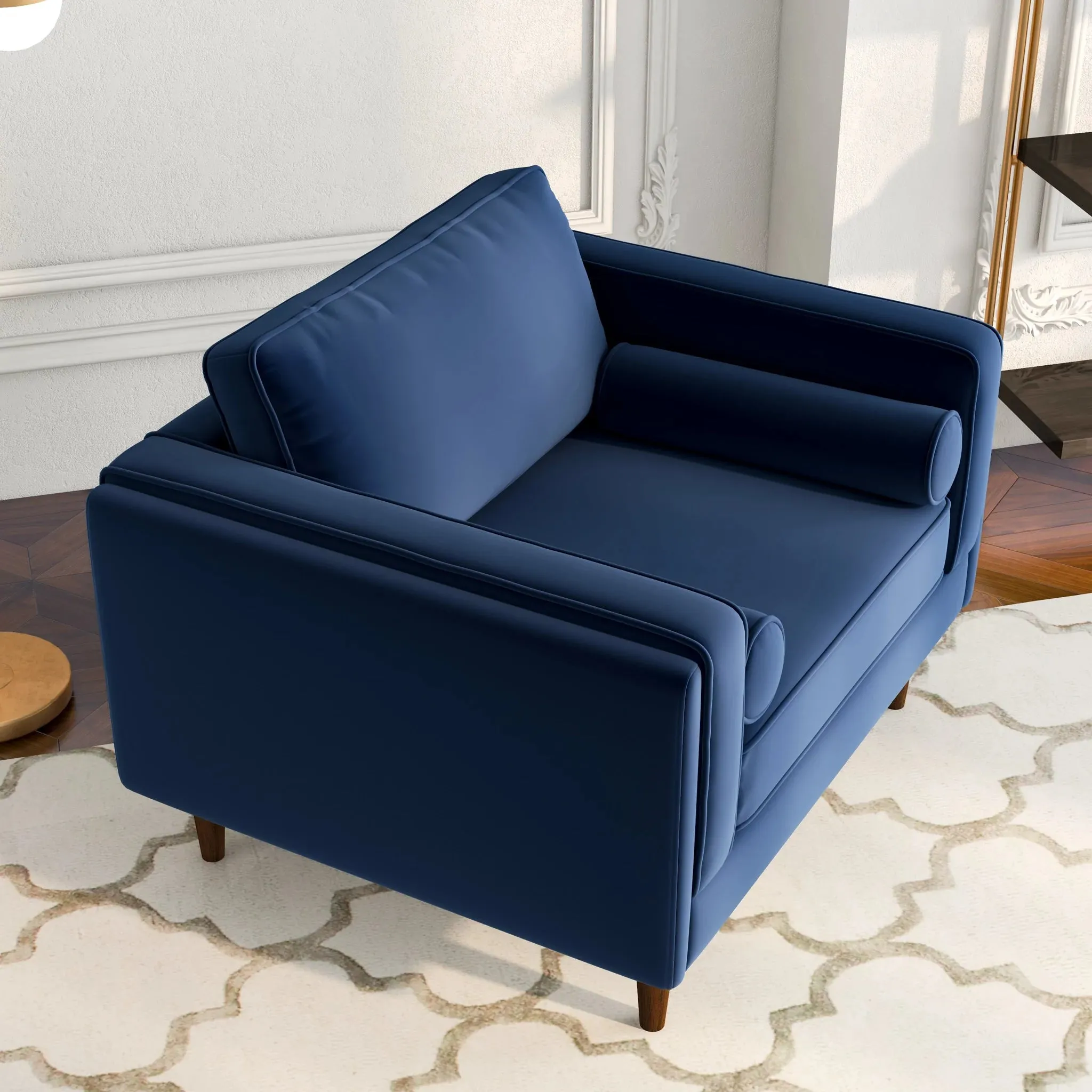 Mid-Century Modern Pillow Back Velvet Upholstered Armchair in Navy