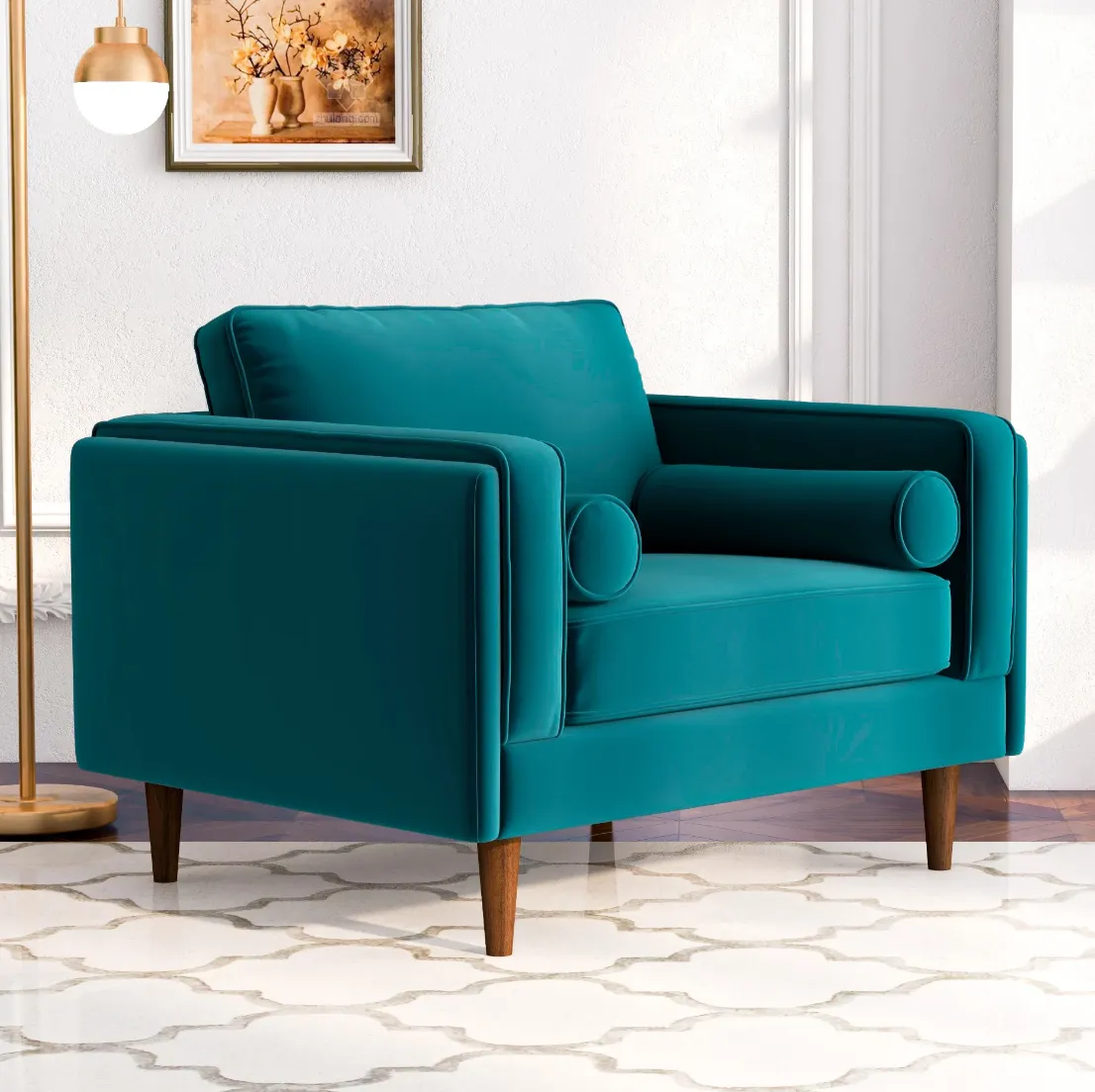Mid-Century Modern Pillow Back Velvet Upholstered Armchair in Teal with Bolster Pillows