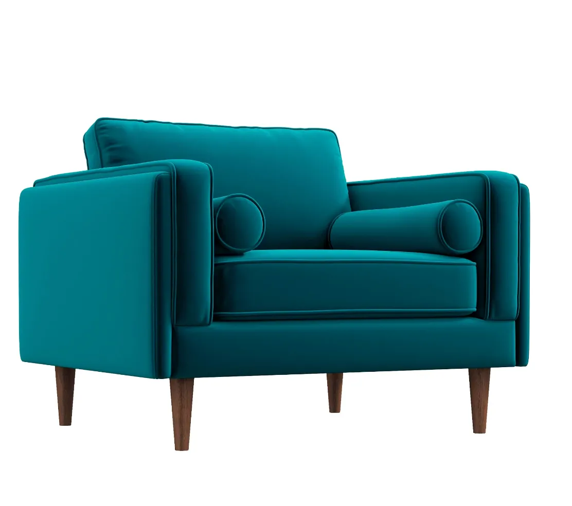 Mid-Century Modern Pillow Back Velvet Upholstered Armchair in Teal with Bolster Pillows
