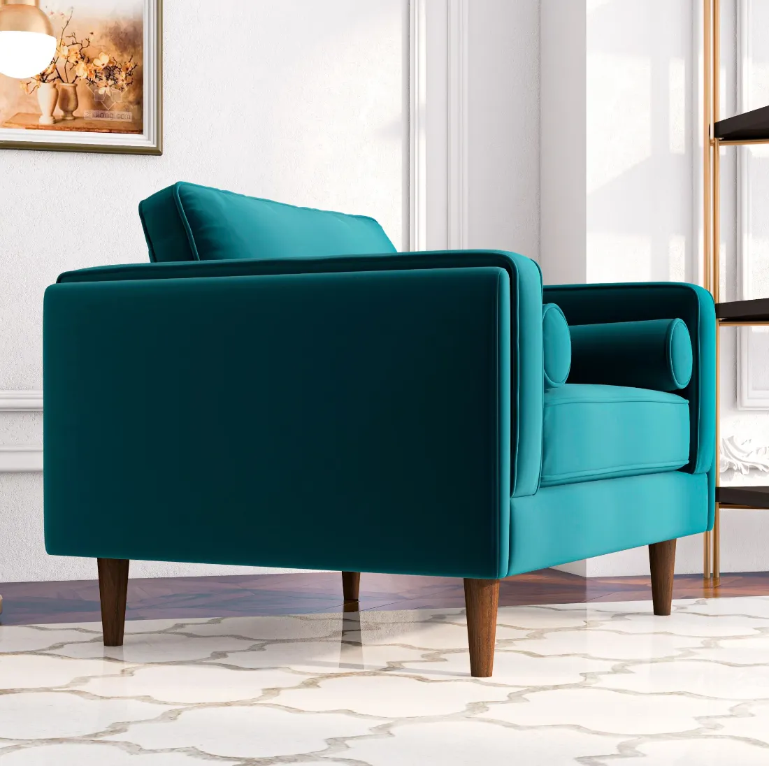 Mid-Century Modern Pillow Back Velvet Upholstered Armchair in Teal with Bolster Pillows