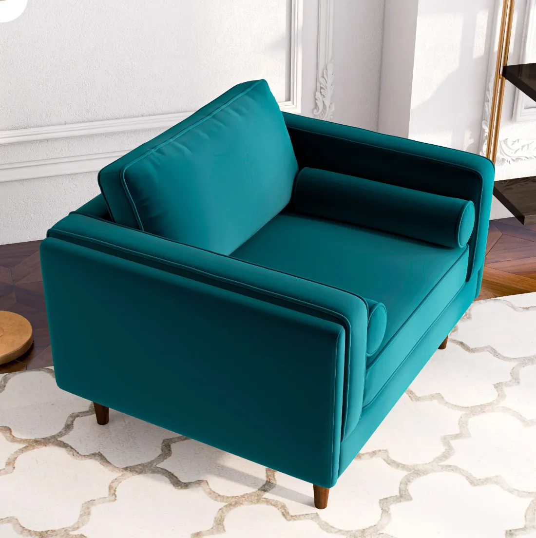 Mid-Century Modern Pillow Back Velvet Upholstered Armchair in Teal with Bolster Pillows
