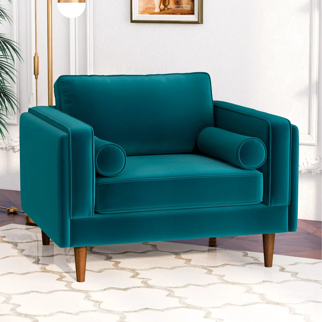 Mid-Century Modern Pillow Back Velvet Upholstered Armchair in Teal with Bolster Pillows