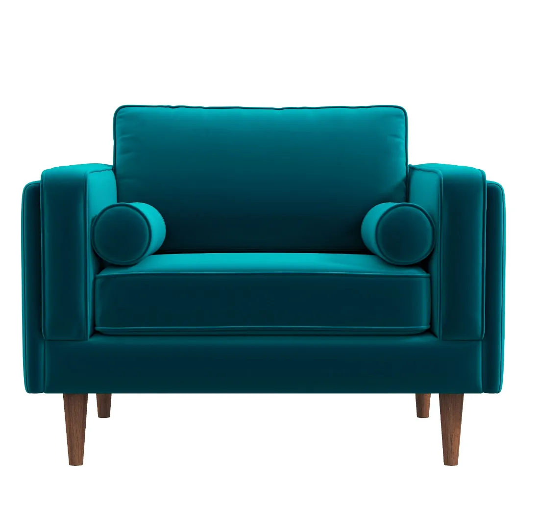 Mid-Century Modern Pillow Back Velvet Upholstered Armchair in Teal with Bolster Pillows