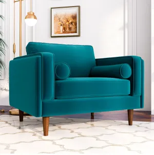 Mid-Century Modern Pillow Back Velvet Upholstered Armchair in Teal with Bolster Pillows