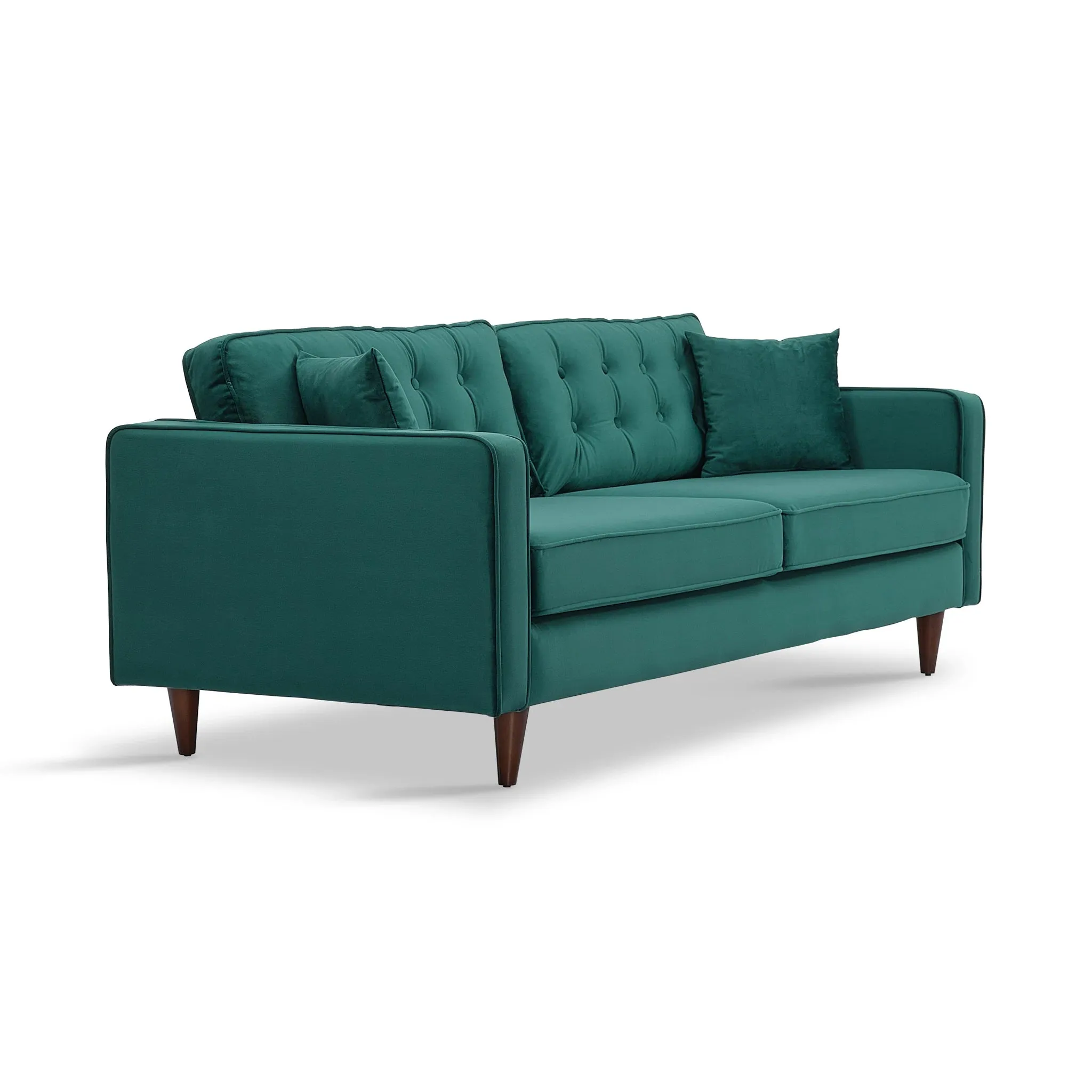 Mid-Century Modern Rectangular Pillow Back Velvet Upholstered Sofa in Emerald Green