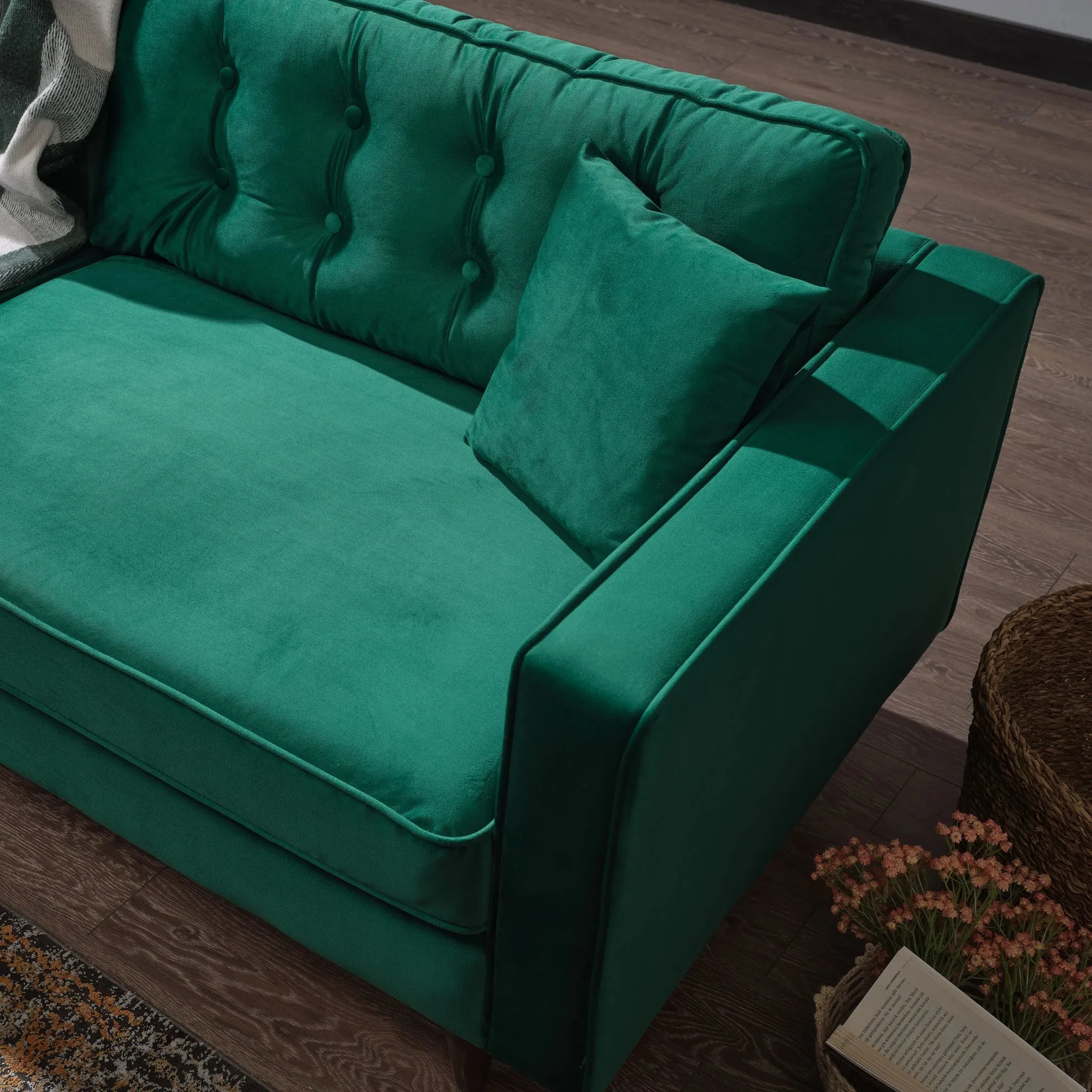 Mid-Century Modern Rectangular Pillow Back Velvet Upholstered Sofa in Emerald Green