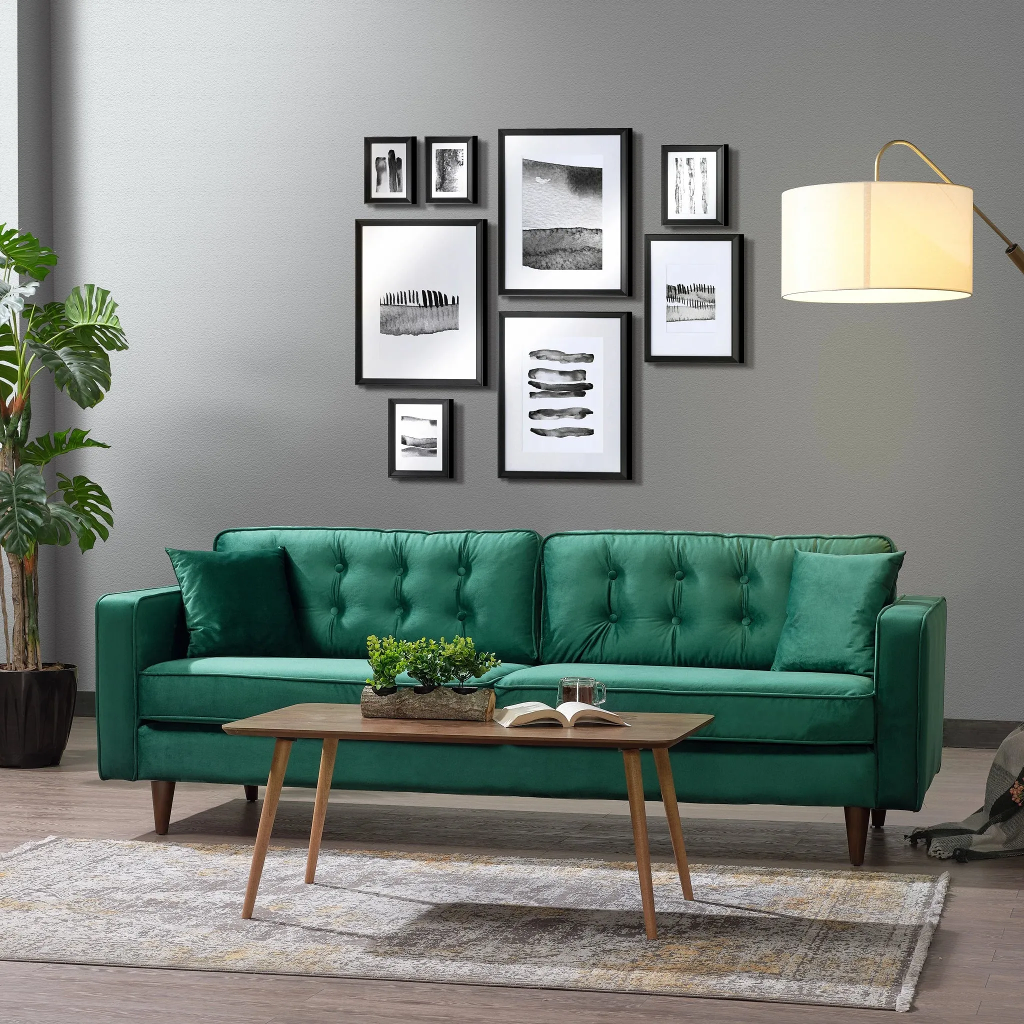 Mid-Century Modern Rectangular Pillow Back Velvet Upholstered Sofa in Emerald Green