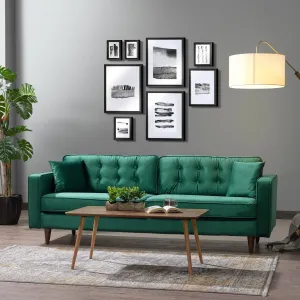Mid-Century Modern Rectangular Pillow Back Velvet Upholstered Sofa in Emerald Green